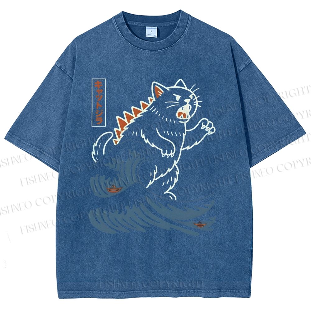 Unisex Wave Monster Cat Printed Washed Tee