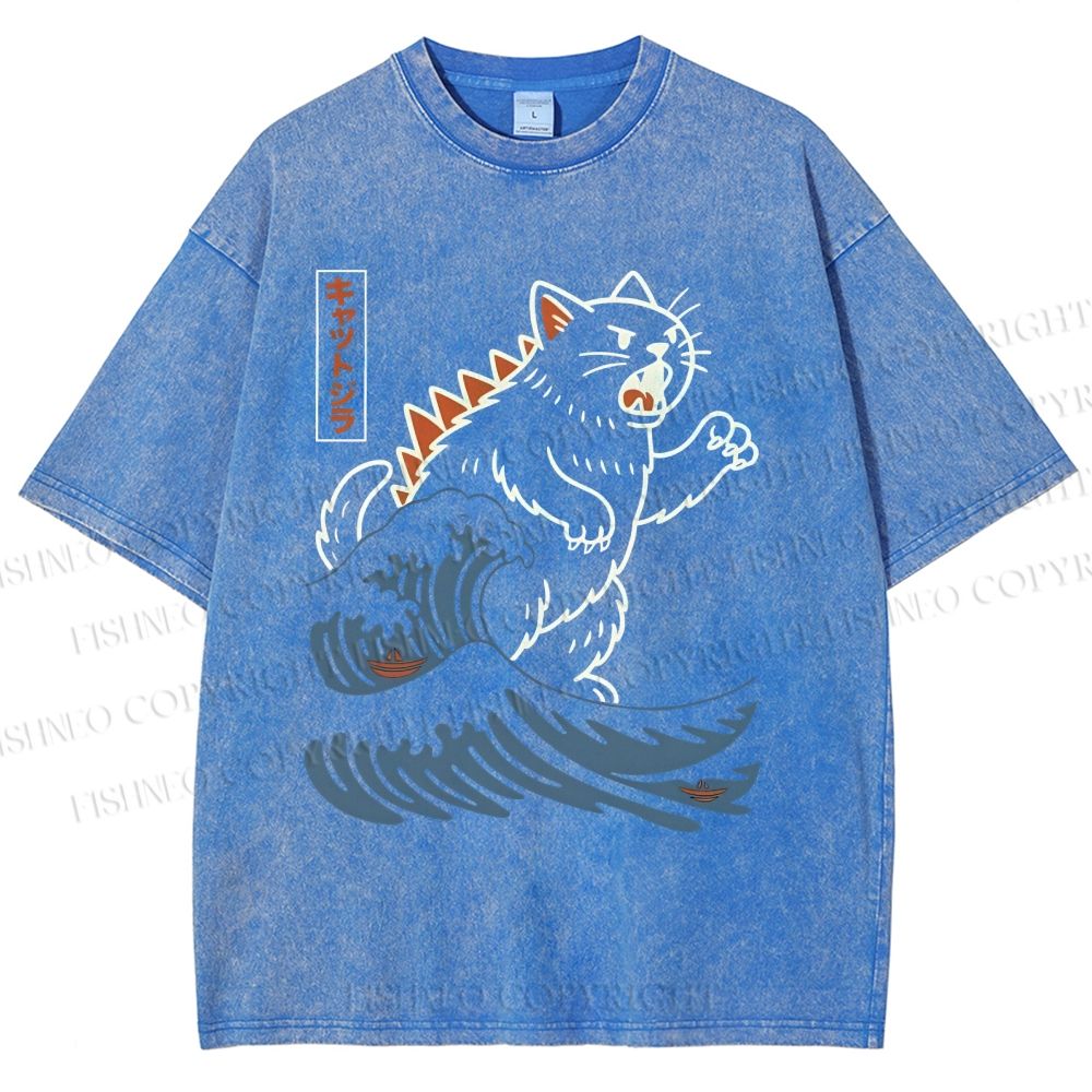 Unisex Wave Monster Cat Printed Washed Tee