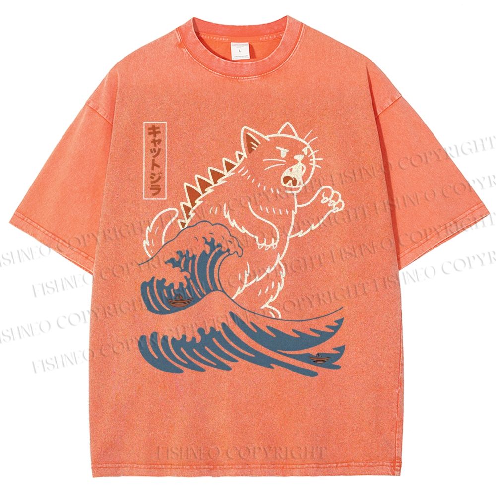 Unisex Wave Monster Cat Printed Washed Tee