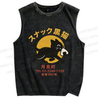 Unisex Snack Bar Black Cat Printed Washed Tank Top