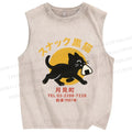 Unisex Snack Bar Black Cat Printed Washed Tank Top