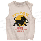 Unisex Snack Bar Black Cat Printed Washed Tank Top