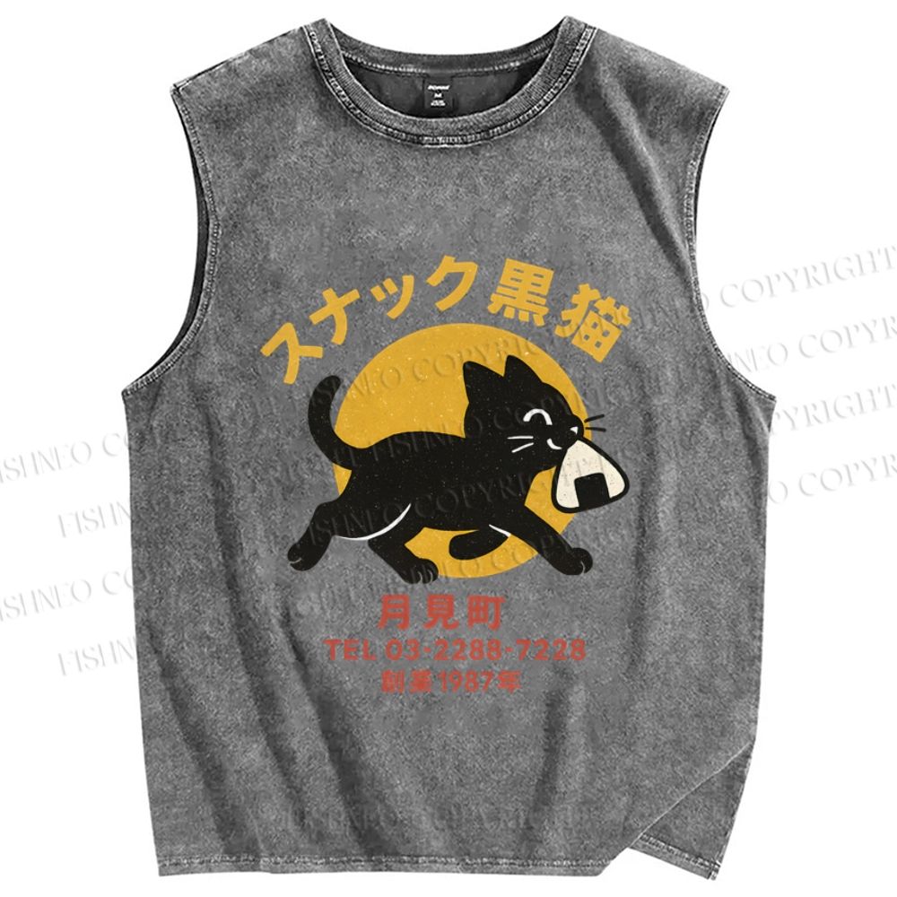 Unisex Snack Bar Black Cat Printed Washed Tank Top