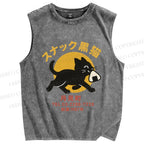 Unisex Snack Bar Black Cat Printed Washed Tank Top
