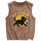 Unisex Snack Bar Black Cat Printed Washed Tank Top
