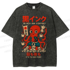 Unisex Black Ink Coffee Octopus Printed Washed Tee