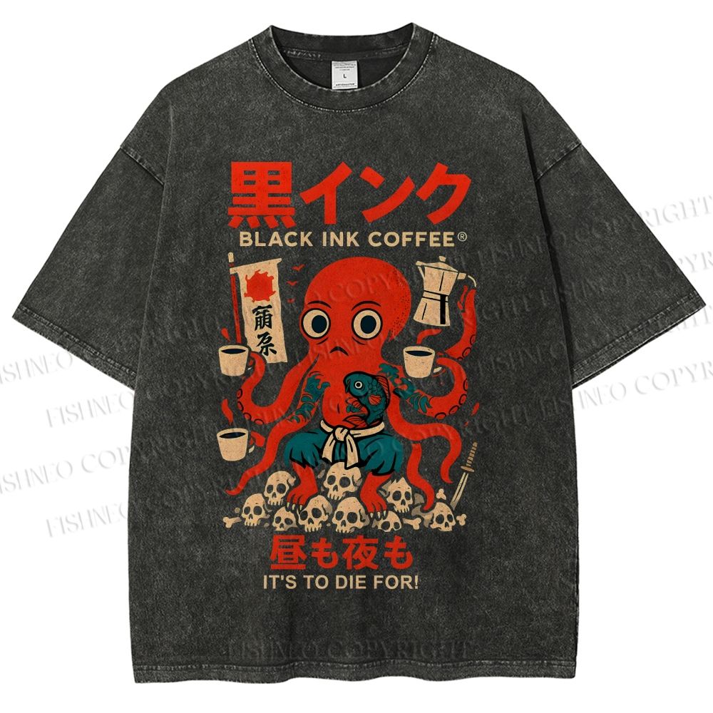 Unisex Black Ink Coffee Octopus Printed Washed Tee