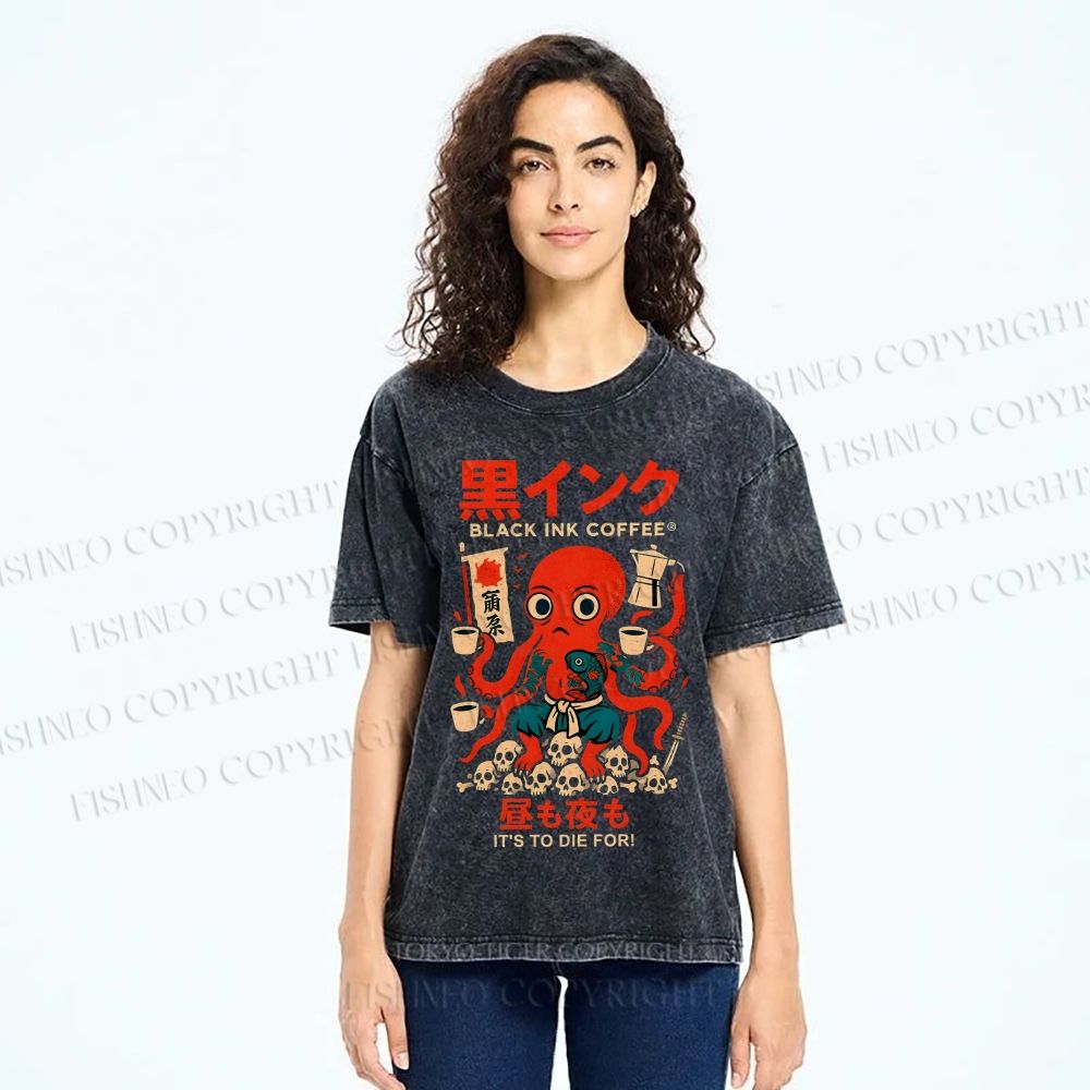 Unisex Black Ink Coffee Octopus Printed Washed Tee