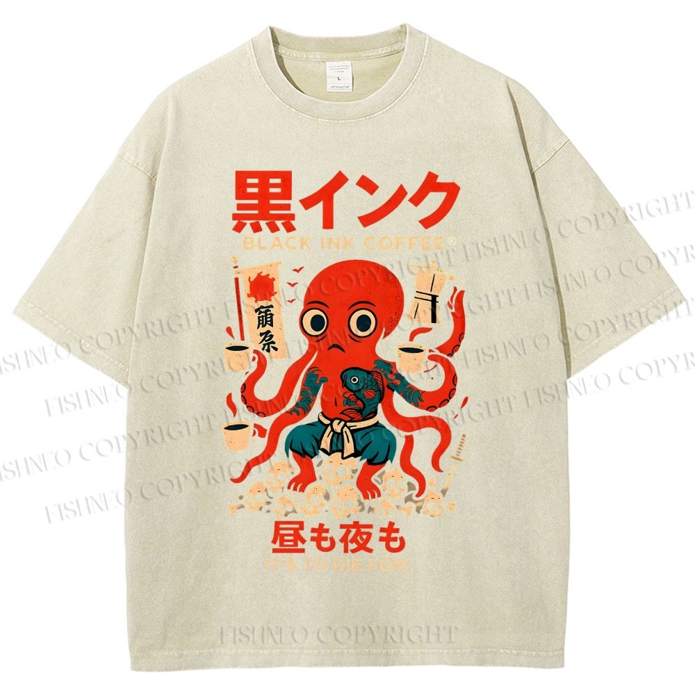 Unisex Black Ink Coffee Octopus Printed Washed Tee