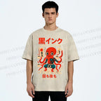 Unisex Black Ink Coffee Octopus Printed Washed Tee