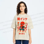 Unisex Black Ink Coffee Octopus Printed Washed Tee