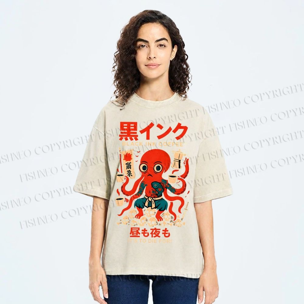 Unisex Black Ink Coffee Octopus Printed Washed Tee