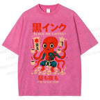 Unisex Black Ink Coffee Octopus Printed Washed Tee