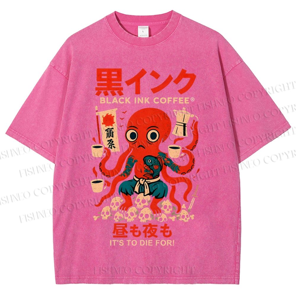 Unisex Black Ink Coffee Octopus Printed Washed Tee