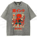 Unisex Black Ink Coffee Octopus Printed Washed Tee