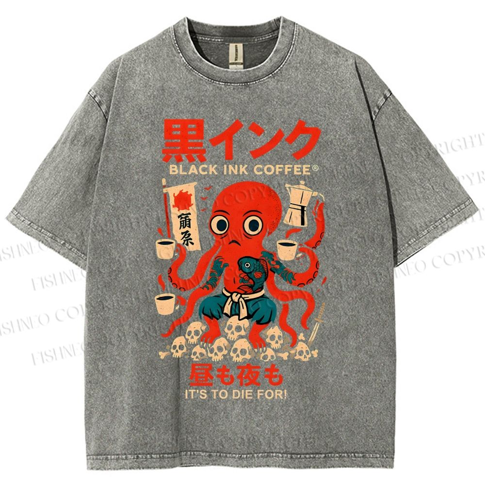 Unisex Black Ink Coffee Octopus Printed Washed Tee