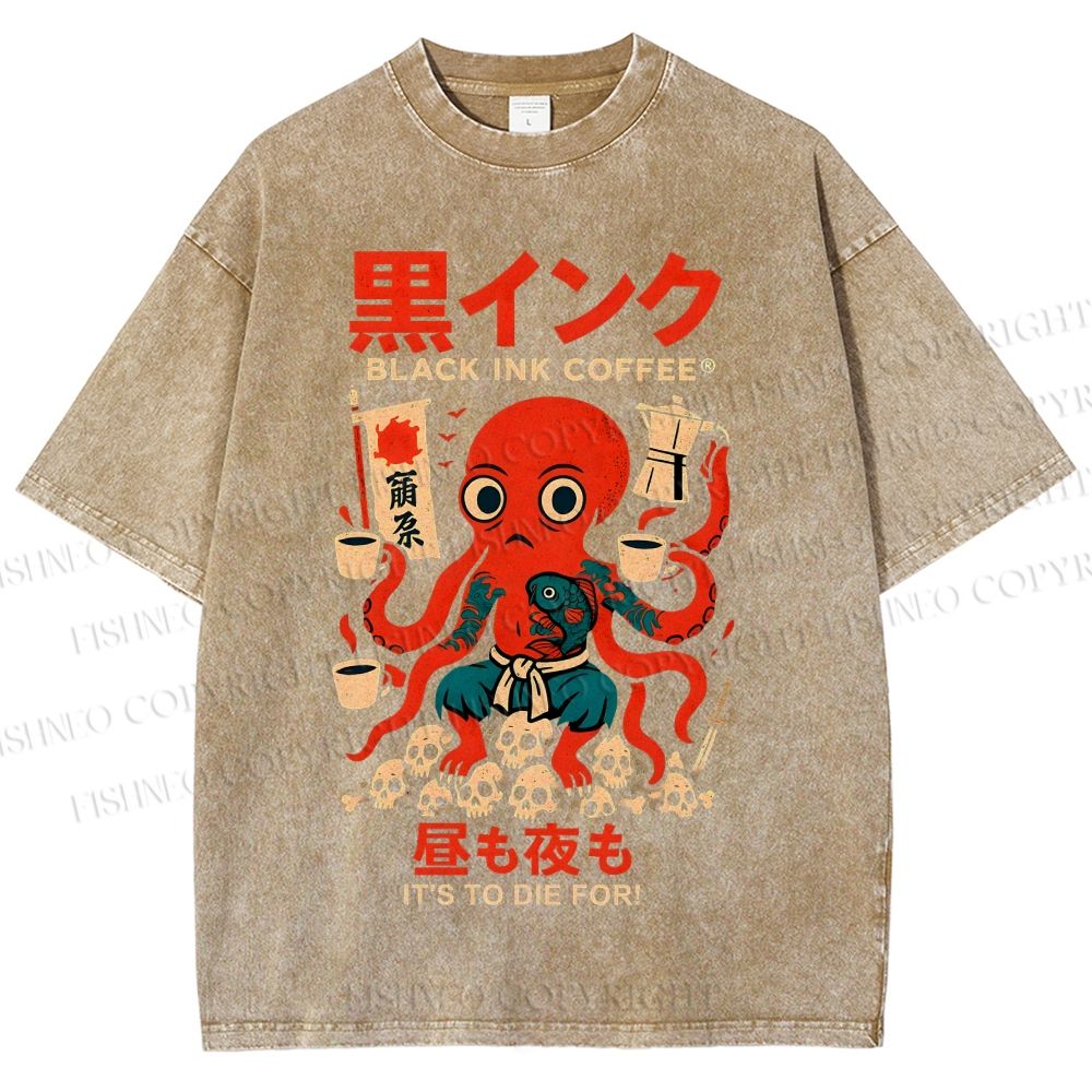 Unisex Black Ink Coffee Octopus Printed Washed Tee