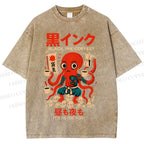 Unisex Black Ink Coffee Octopus Printed Washed Tee