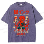 Unisex Black Ink Coffee Octopus Printed Washed Tee
