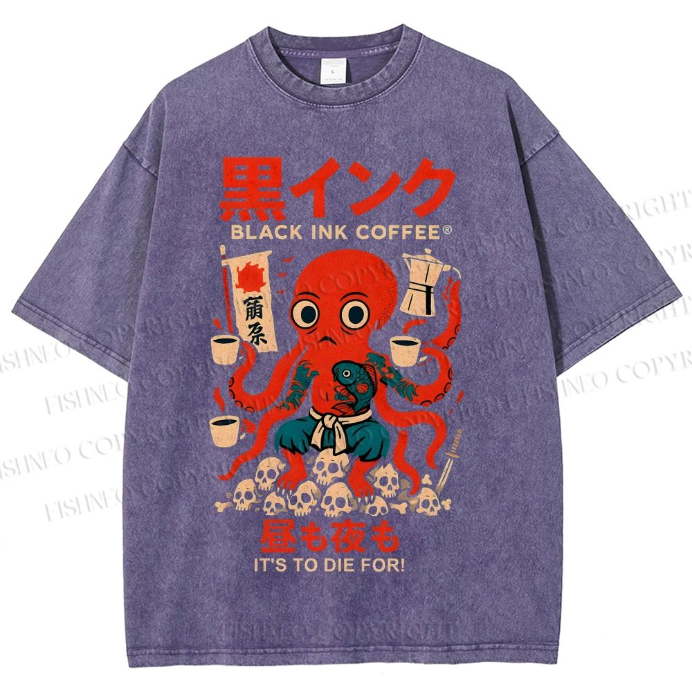 Unisex Black Ink Coffee Octopus Printed Washed Tee