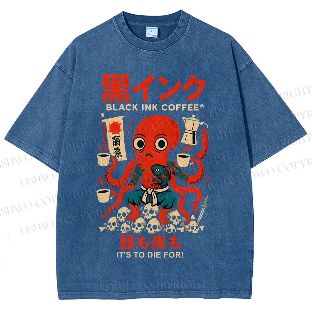 Unisex Black Ink Coffee Octopus Printed Washed Tee