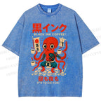 Unisex Black Ink Coffee Octopus Printed Washed Tee
