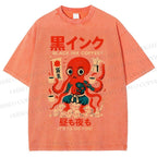 Unisex Black Ink Coffee Octopus Printed Washed Tee