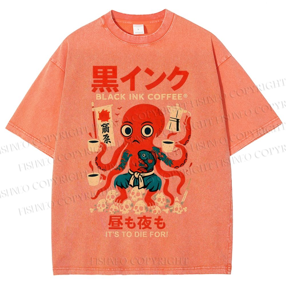 Unisex Black Ink Coffee Octopus Printed Washed Tee