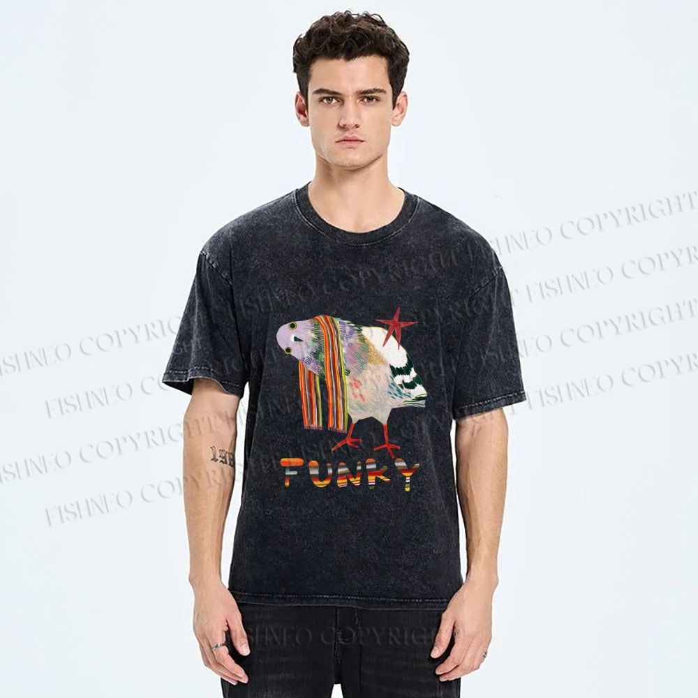 Unisex Funky Pigeon With a Funky Scarf Printed Washed Tee