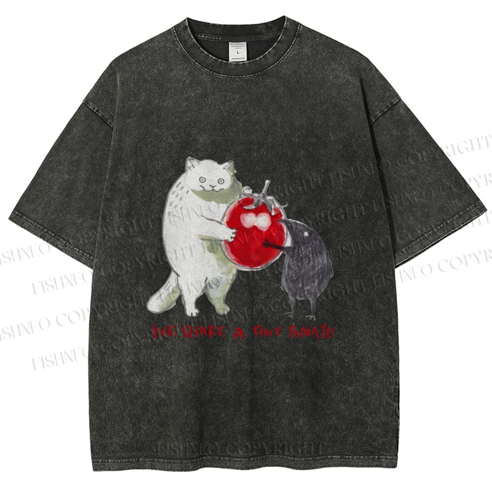 Unisex Cat Share a Tiny Tomato with Rat Printed Washed Tee