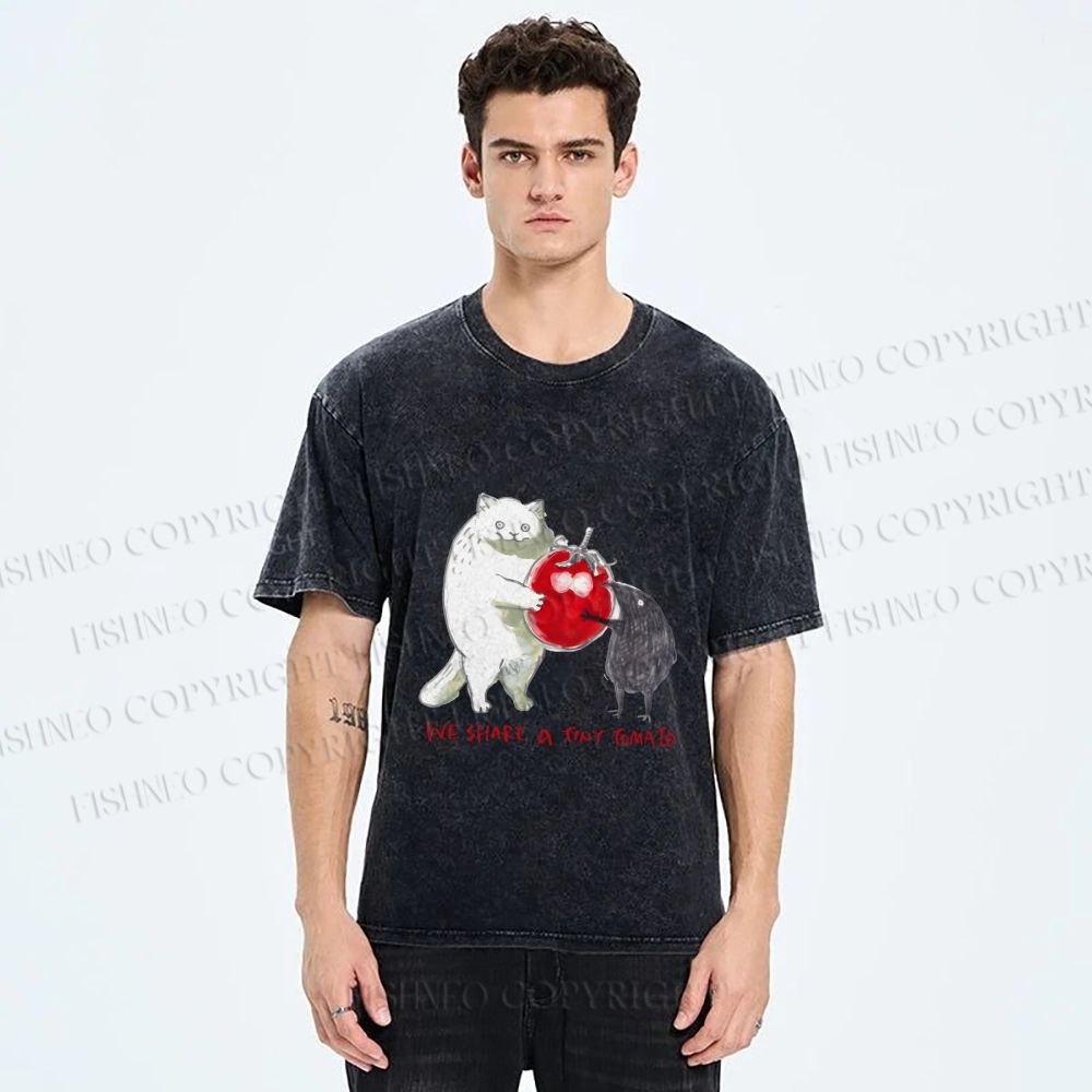 Unisex Cat Share a Tiny Tomato with Rat Printed Washed Tee
