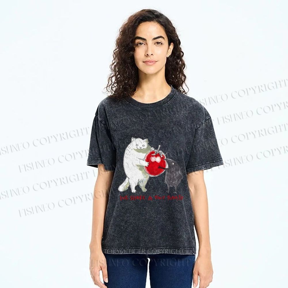 Unisex Cat Share a Tiny Tomato with Rat Printed Washed Tee