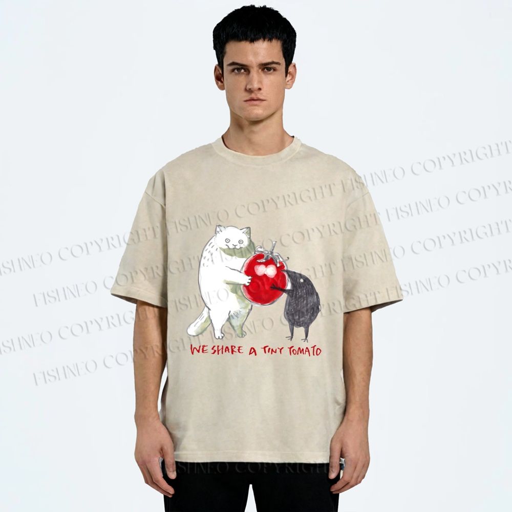Unisex Cat Share a Tiny Tomato with Rat Printed Washed Tee