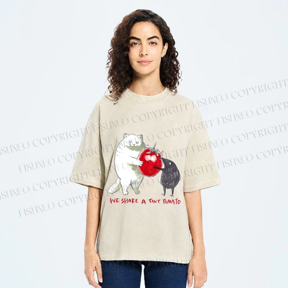 Unisex Cat Share a Tiny Tomato with Rat Printed Washed Tee