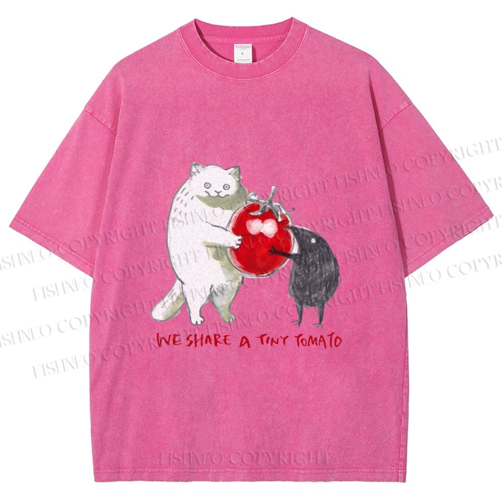 Unisex Cat Share a Tiny Tomato with Rat Printed Washed Tee