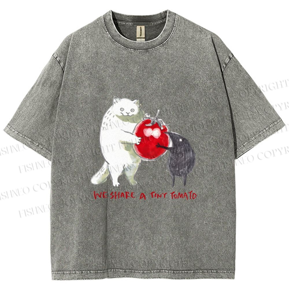 Unisex Cat Share a Tiny Tomato with Rat Printed Washed Tee