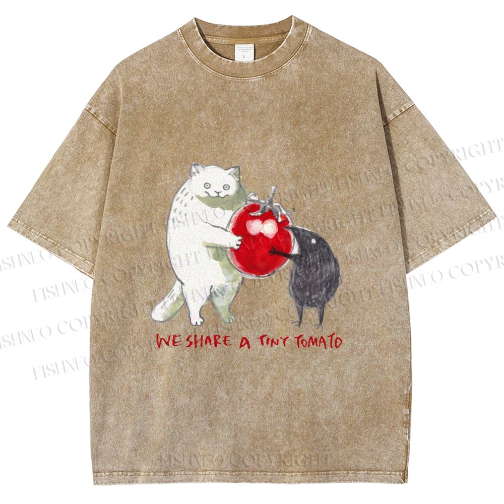 Unisex Cat Share a Tiny Tomato with Rat Printed Washed Tee