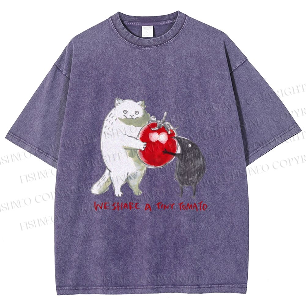Unisex Cat Share a Tiny Tomato with Rat Printed Washed Tee