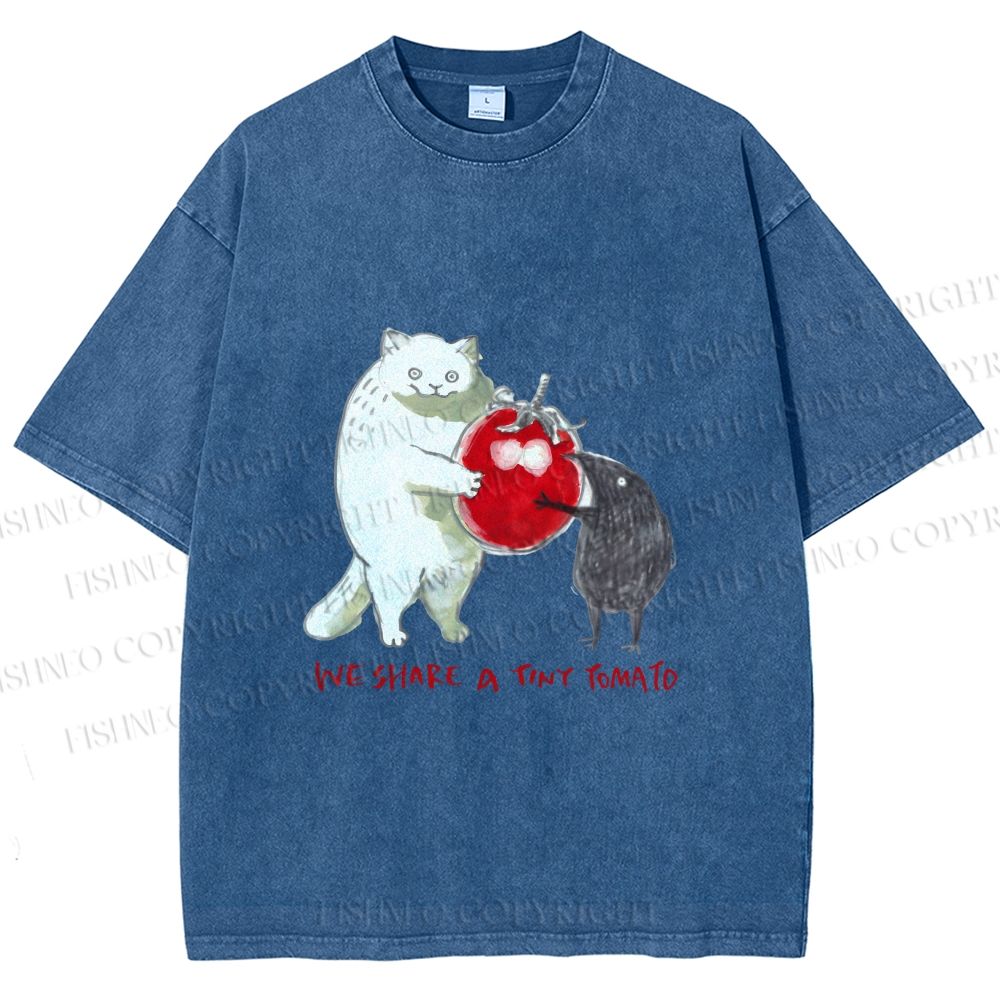 Unisex Cat Share a Tiny Tomato with Rat Printed Washed Tee