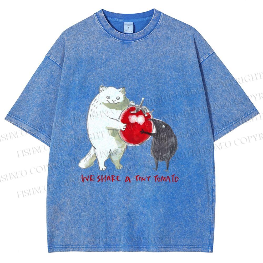 Unisex Cat Share a Tiny Tomato with Rat Printed Washed Tee