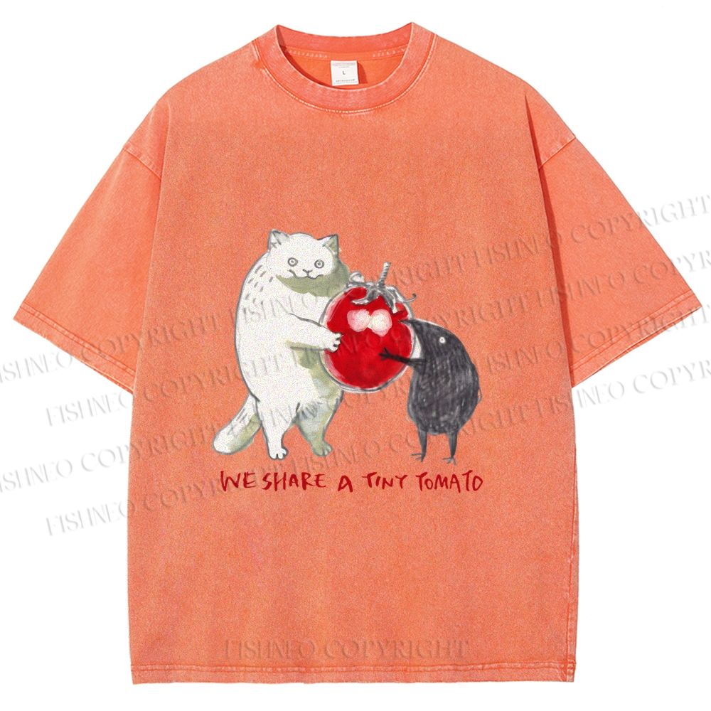 Unisex Cat Share a Tiny Tomato with Rat Printed Washed Tee
