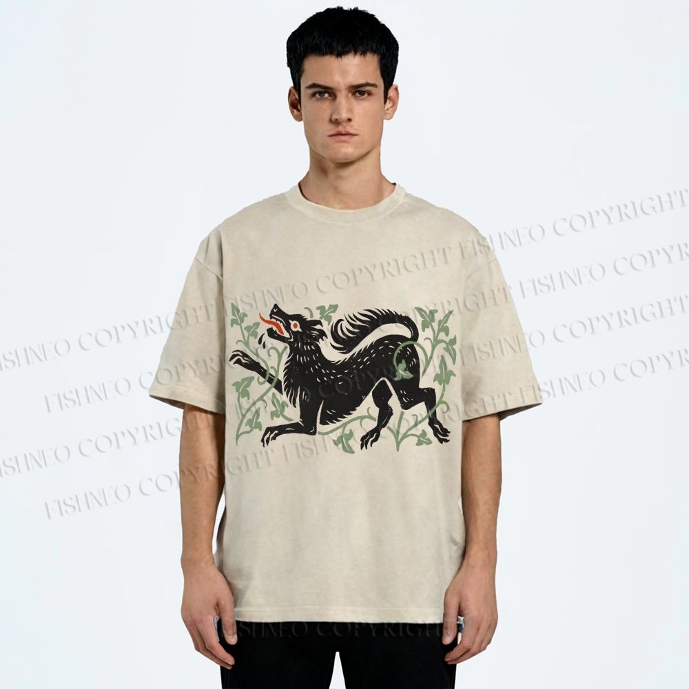 Unisex Vintage Wolf Printed Washed Tee