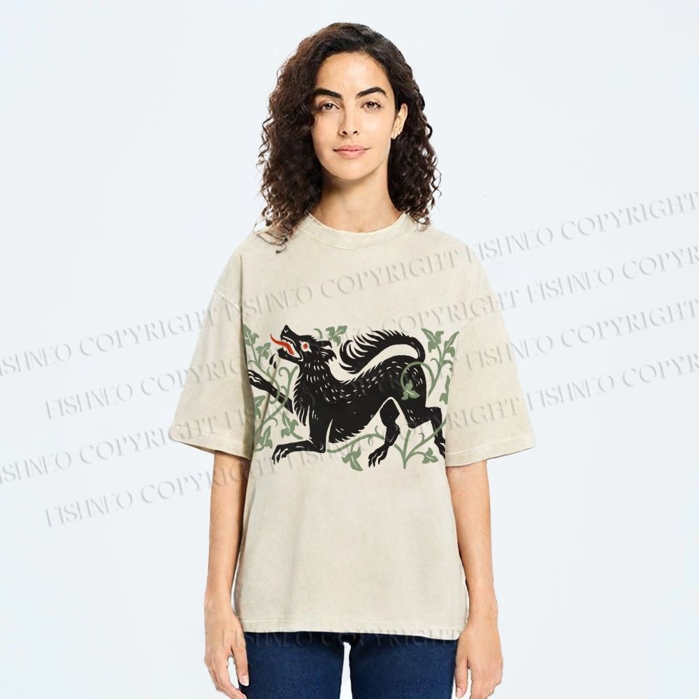Unisex Vintage Wolf Printed Washed Tee