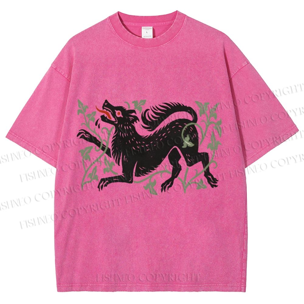 Unisex Vintage Wolf Printed Washed Tee