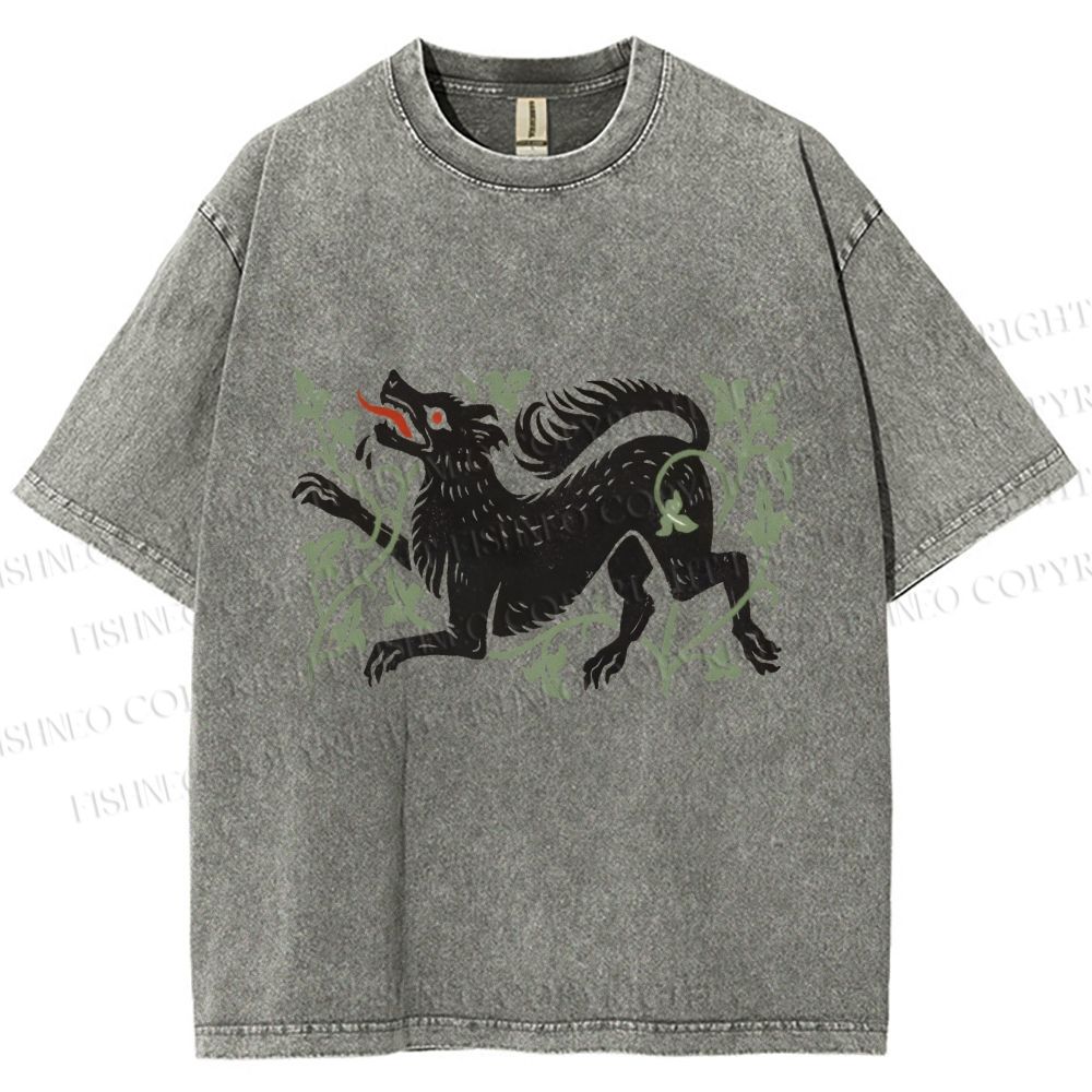 Unisex Vintage Wolf Printed Washed Tee