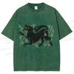 Unisex Vintage Wolf Printed Washed Tee