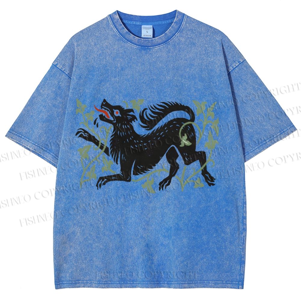 Unisex Vintage Wolf Printed Washed Tee