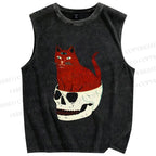 Unisex Three Eyes Cat Sitting in Skull Printed Washed Tank Top