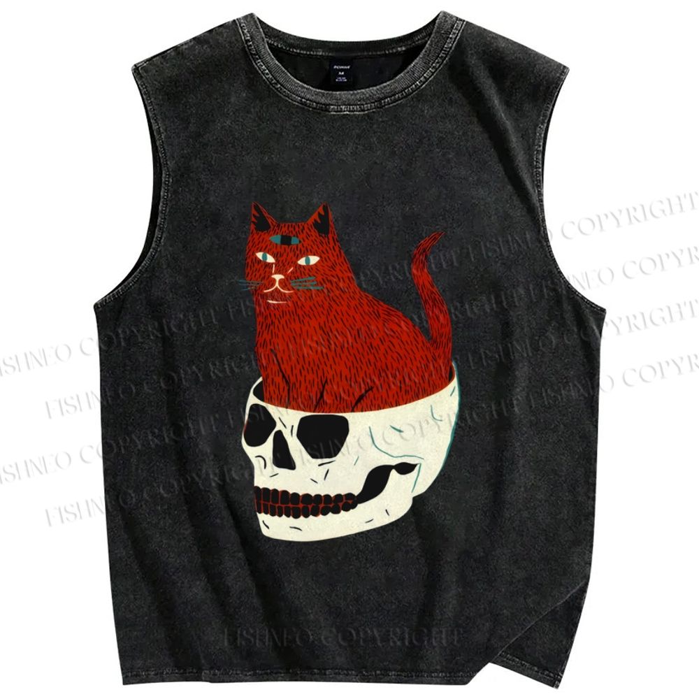 Unisex Three Eyes Cat Sitting in Skull Printed Washed Tank Top