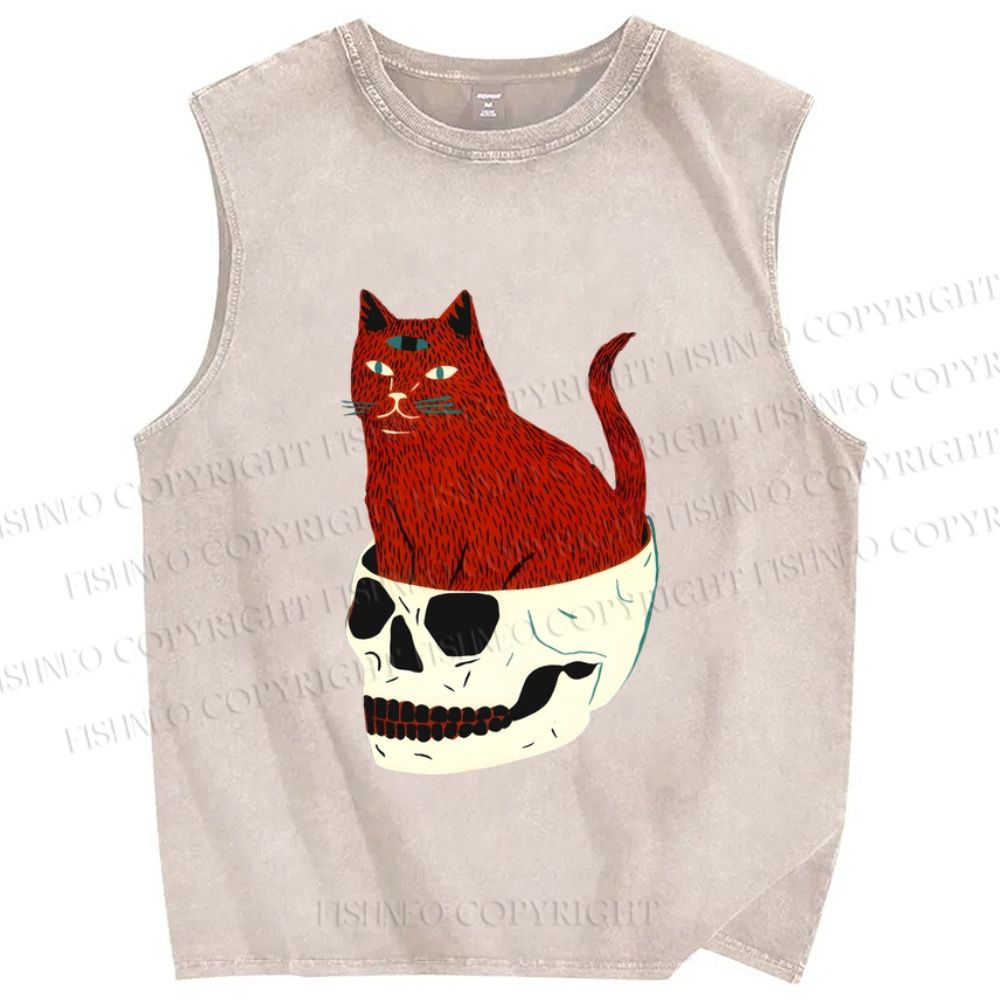 Unisex Three Eyes Cat Sitting in Skull Printed Washed Tank Top